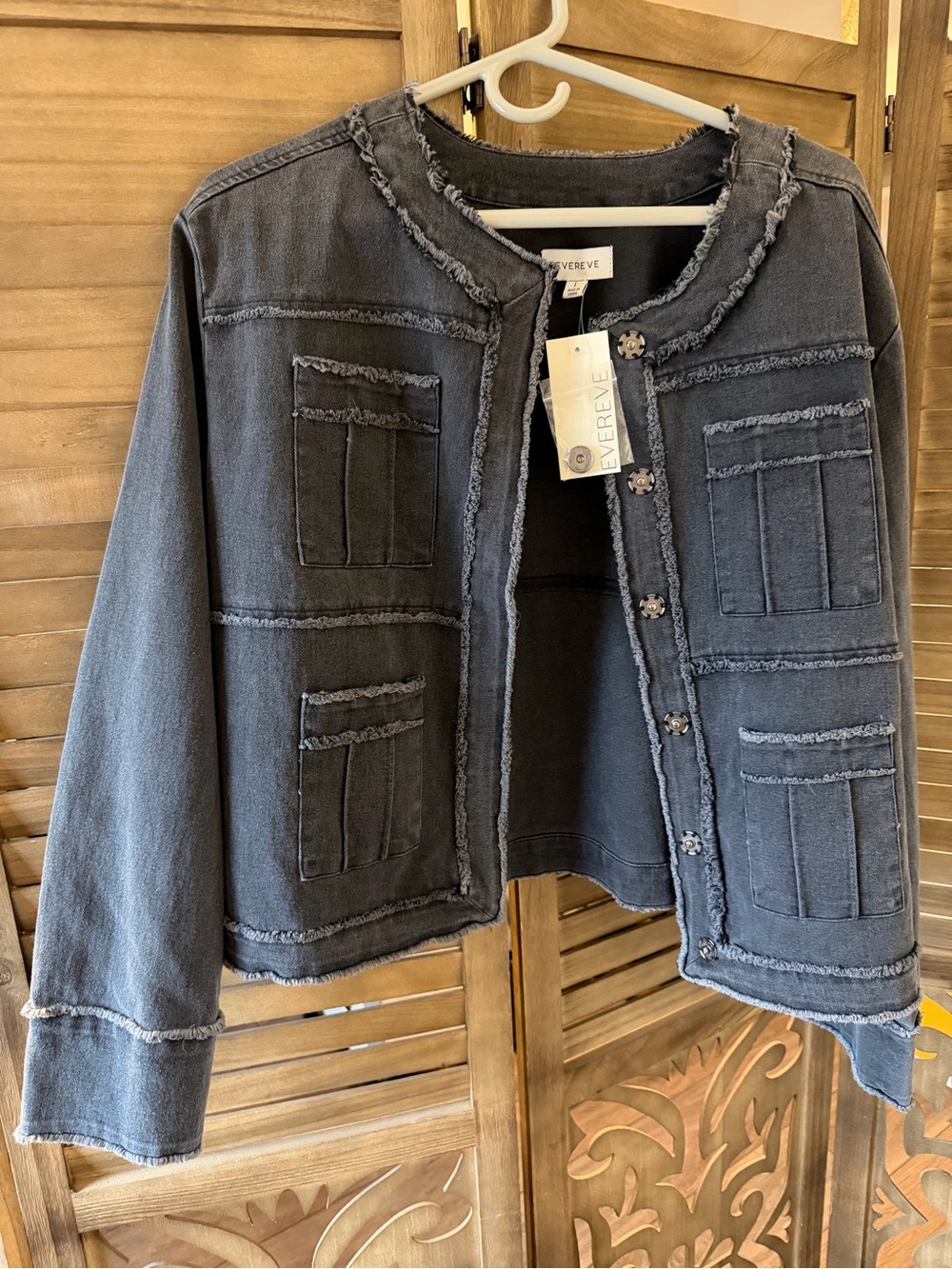 Evereve Black Frayed-Trim Denim Blazer